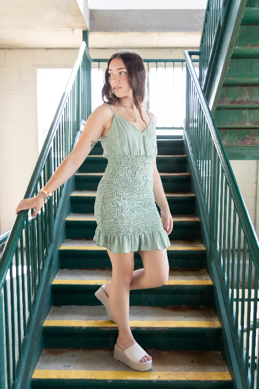 On My Own Smocked Mini Dress: Sage Casual Mini Dress with Pockets