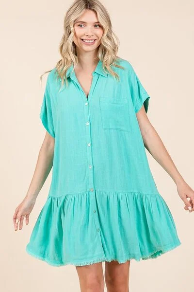 Mittoshop Linen Blend Button Down Shirt Mini Dress Chic Tropical Mini Dress
