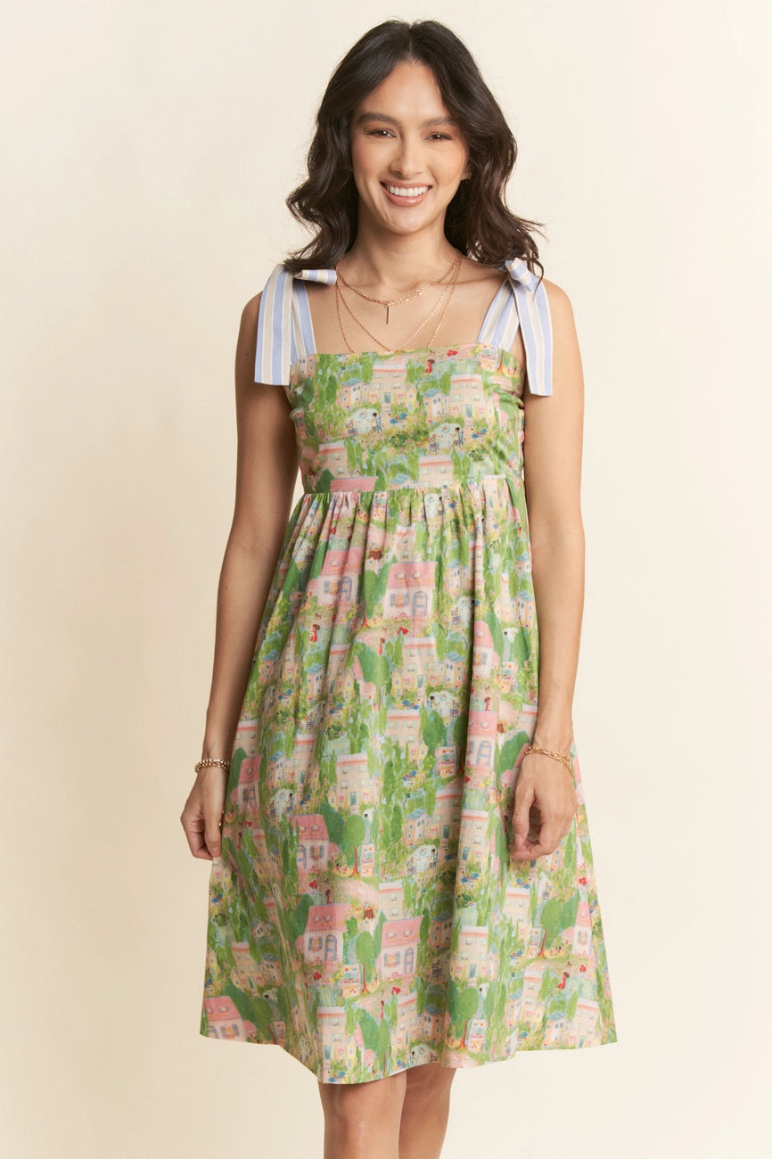 Landscape Print Tie Shoulder Mini Dress Fashionable Lace-Trim Mini Dress