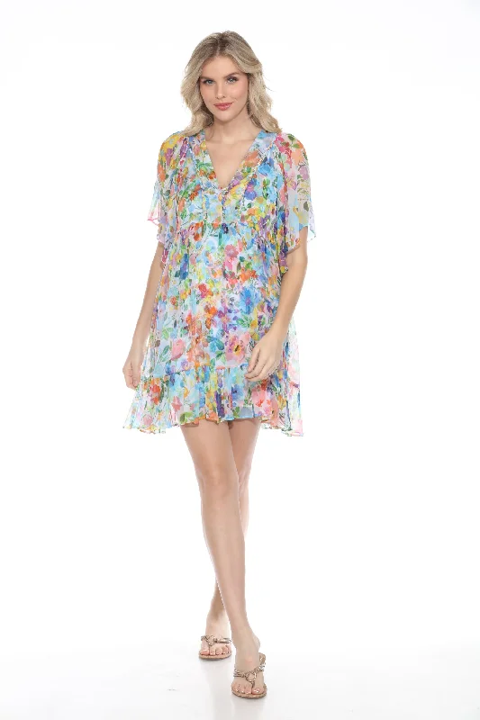 Johnny Was Jade Margaret Floral Silk Mini Dress L38024 Casual V-Neck Mini Dress