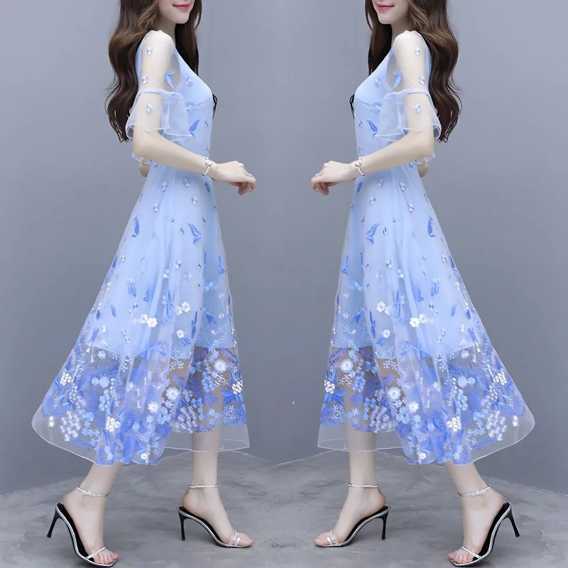 IKERRLAX Spring and Summer New Waist-Tight Slimming V-Neckline Floral Long Dress Fairy Blue Embroidered Mesh Dress Women Tunics Short Trendy