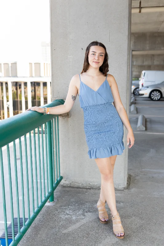 On My Own Smocked Mini Dress: Coastal Blue Trendy Cut-Out Mini Dress