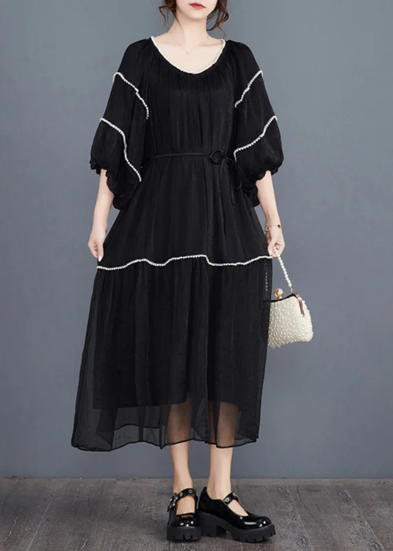 Bohemian Black Nail Bead Long Dresses Half Sleeve AJ1022 Boatneck Modish Everyday