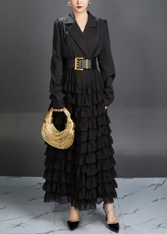New Black Notched Ruffled Spandex Long Dresses Fall AJ1019 Tunics Plaid country