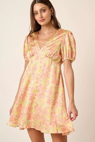 Mittoshop Printed V-Neck Puff Sleeve Mini Dress Trendy Camisole Mini Dress