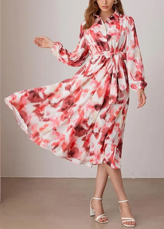 Art Red Peter Pan Collar Print Tie Waist Long Dress Fall AU1014 Tunics Polka dots