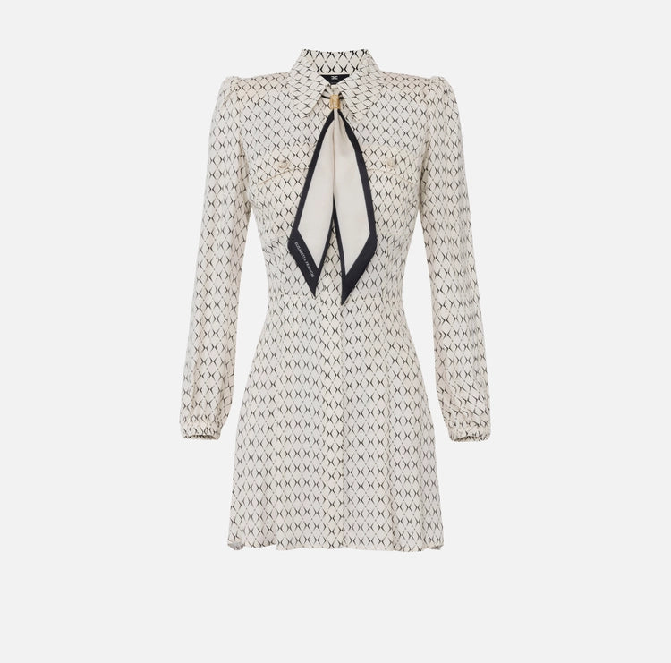 Diamond Print Georgette Mini Dress w/ Foulard Fashionable Boho-Chic Mini Dress
