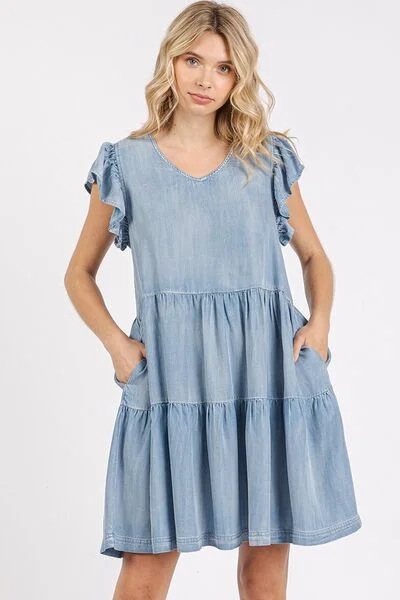 Mittoshop V-Neck Ruffled Cap Sleeve Mini Dress Fashionable Button-Front Mini Dress