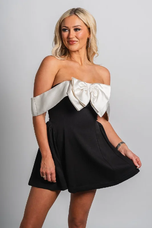 Off shoulder bow mini dress black Elegant Lace-Up Mini Dress