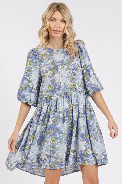 Mittoshop Flower Print Linen Blend Babydoll Mini Dress Fashionable Denim Mini Dress