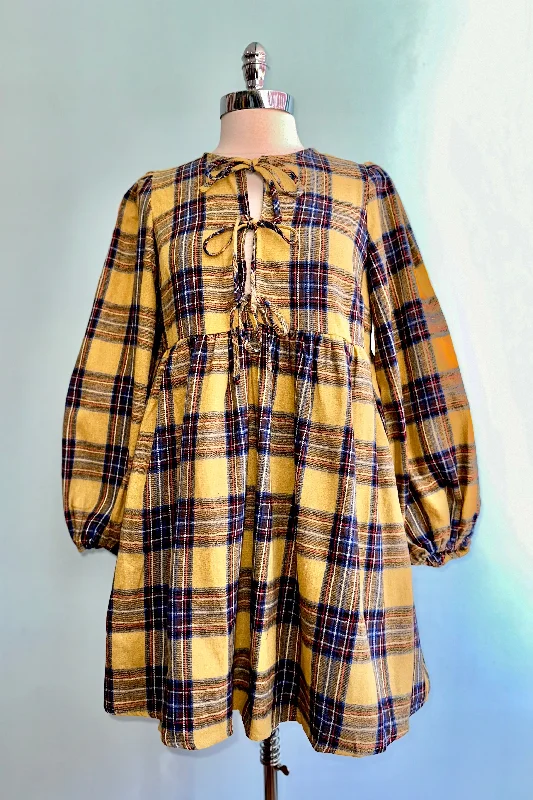 Mustard Plaid Flannel Mini Dress Cozy T-Shirt Mini Dress