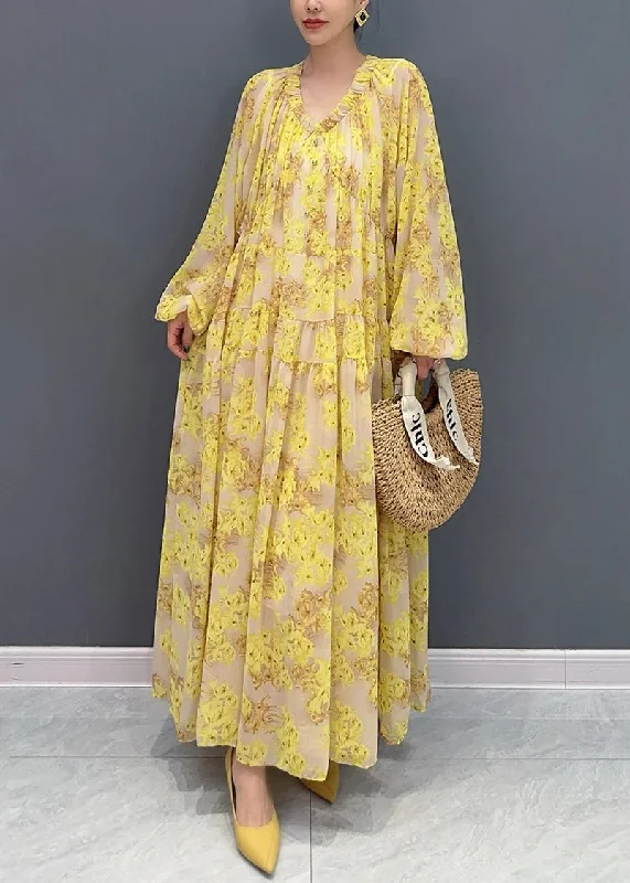 Plus Size Yellow V Neck Ruffled Print Chiffon Long Dresses Fall AO1069 Crew Neckline Casual Plus Size Yellow V Neck Ruffled Print Chiffon Long Dresses Fall AO1069 Crew Neckline Casual