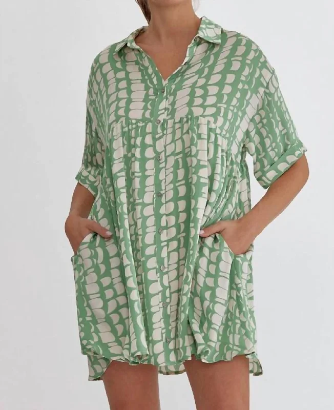 Satin Printed Shirt Dress In Green Tea Tunics Formal black