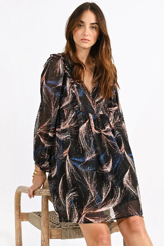 Molly Bracken V-Neck Swirl Mini Dress Black Lucie Elegant Vintage Mini Dress