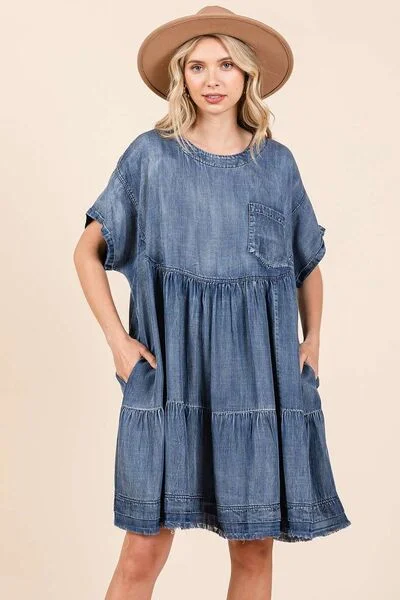 Mittoshop Washed Chambray Denim Oversized Tier Mini Dress Casual High-Waist Mini Dress Mittoshop Washed Chambray Denim Oversized Tier Mini Dress Casual High-Waist Mini Dress