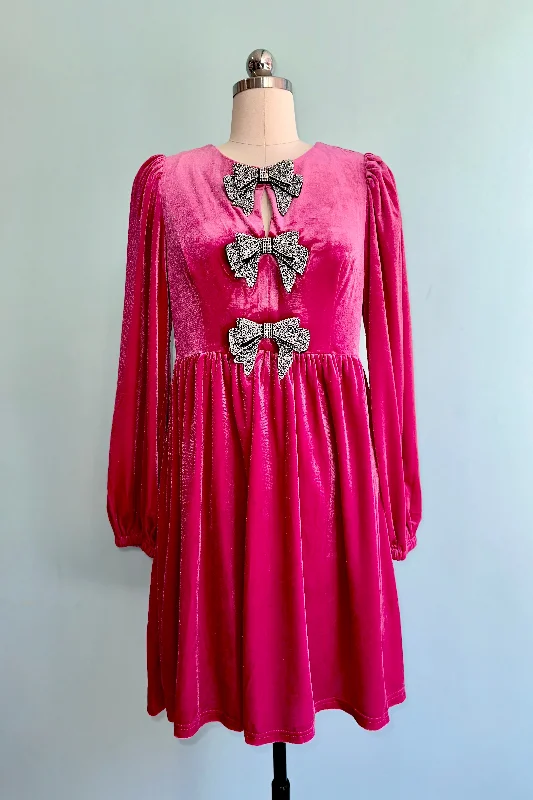 Pink Velvet Rhinestone Bow Mini Dress Casual High-Waist Mini Dress