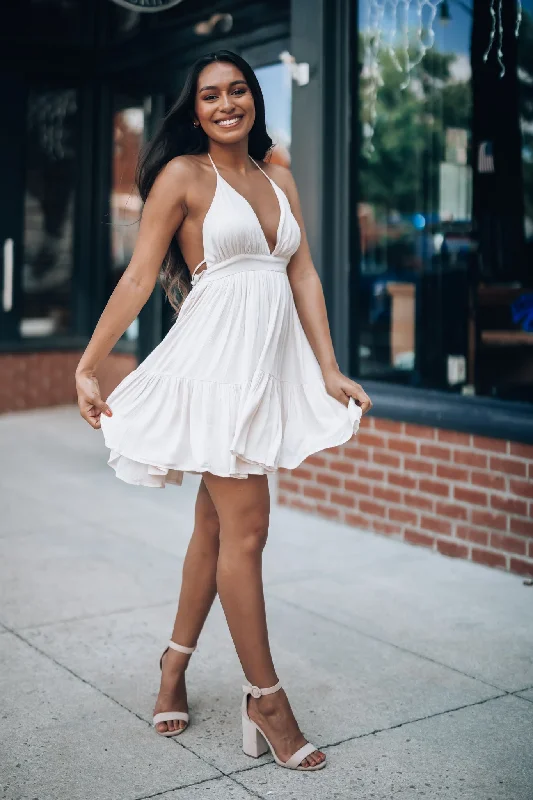 Ryan Halter Mini Dress (Oatmeal) FINAL SALE Chic Pleated Mini Dress