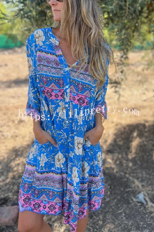 Ethnic Floral Print V-neck Loose Pocket Mini Dress Fashionable Off-Shoulder Mini Dress Ethnic Floral Print V-neck Loose Pocket Mini Dress Fashionable Off-Shoulder Mini Dress
