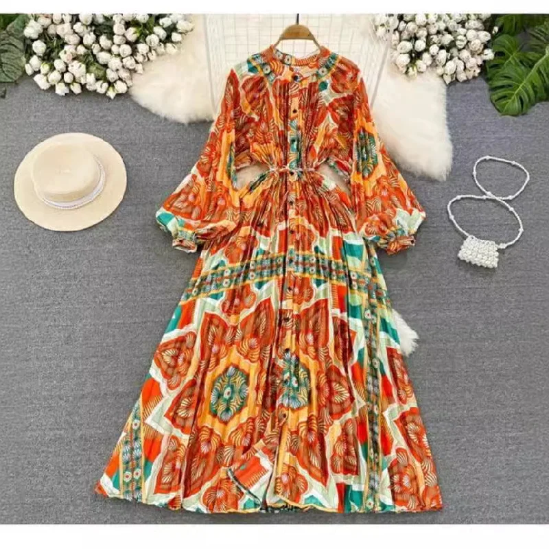 IKEARLAX  High-Grade Light Luxury Temperament Lantern Long Sleeve round Neck Waist Trimming Slimming Single-Breasted Printed Dress Elegant Long Dress Tunics Prom sequined