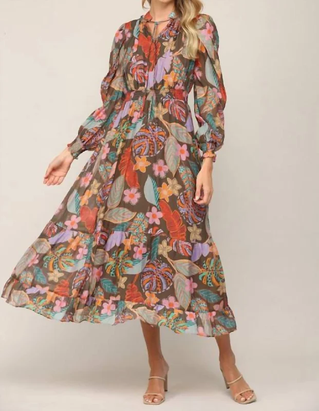 Sara Midi Dress In Brown Multi Boatneck Modish Everyday