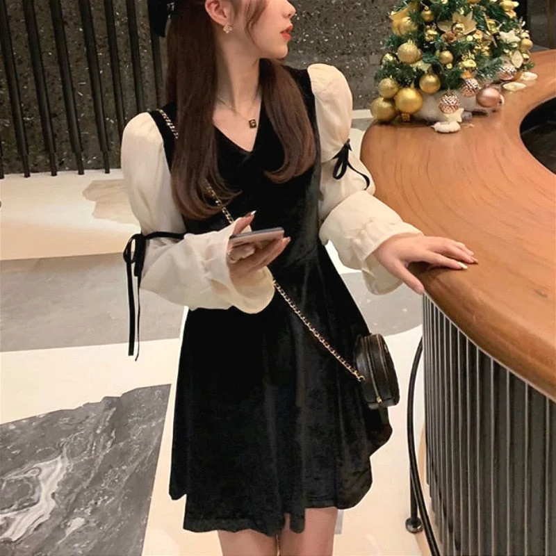 Vintage Mini Dress Lolita Women Autumn Lace Bow Velvet Evening Party Dress Female Y2k Casual Kawaii One Piece Dress Korean Tunics Custom made Vintage Mini Dress Lolita Women Autumn Lace Bow Velvet Evening Party Dress Female Y2k Casual Kawaii One Piece Dress Korean Tunics Custom made
