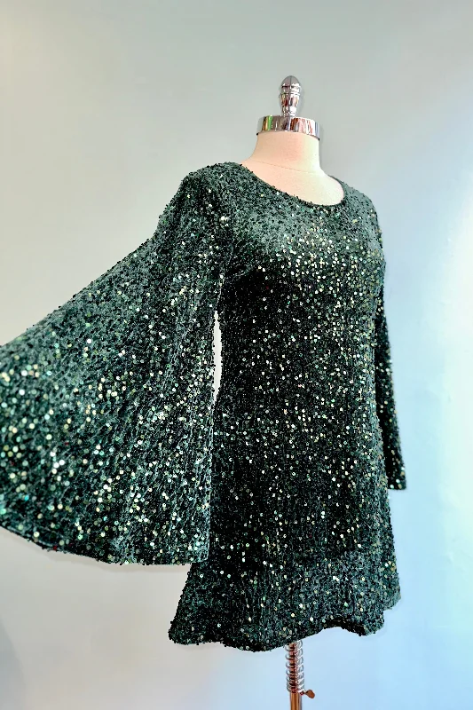 Green Sequin Bell Sleeve Mini Dress Trendy Button-Detail Mini Dress
