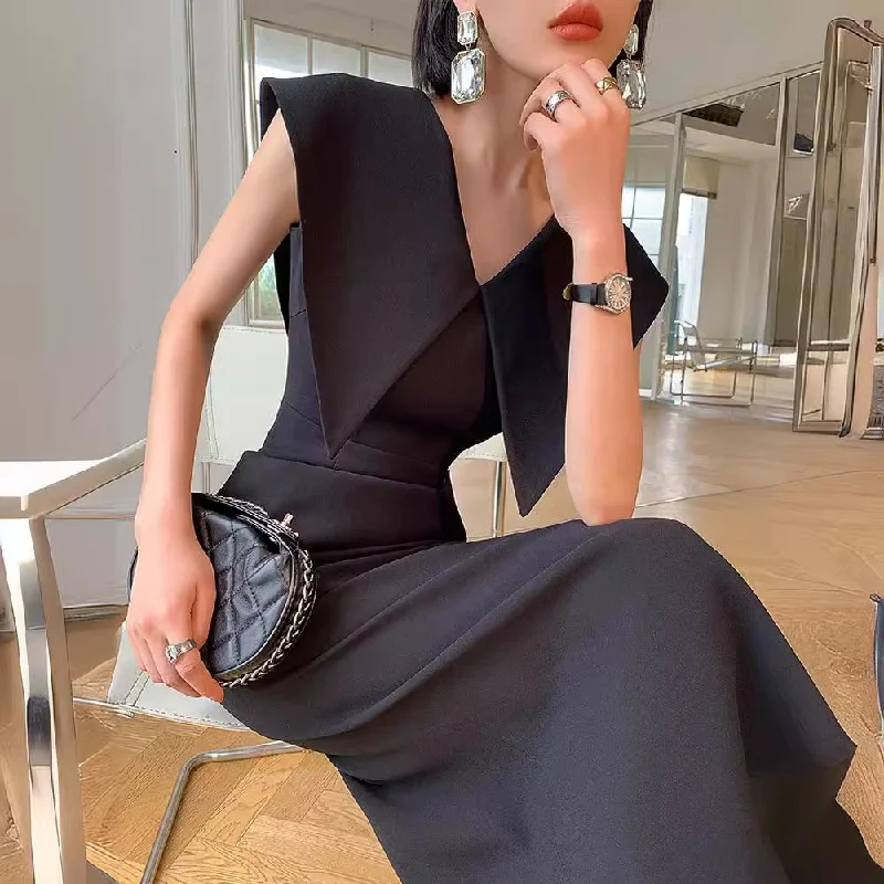 IKEARLAX Black Hepburn Style Sleeveless Doll Collar Dress Women's Summer New Waist-Tight Slimming Long Dress Pencil Office Professional IKEARLAX Black Hepburn Style Sleeveless Doll Collar Dress Women's Summer New Waist-Tight Slimming Long Dress Pencil Office Professional