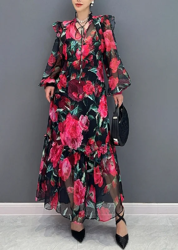 Beautiful Red Tie Lace Print Chiffon Maxi Dresses Fall AO1044 Tunics Practical durable