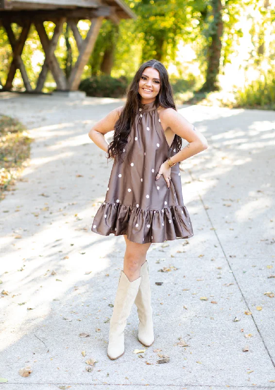 Polka Dot Halter Mini Dress Brown Trendy Bodycon Mini Dress