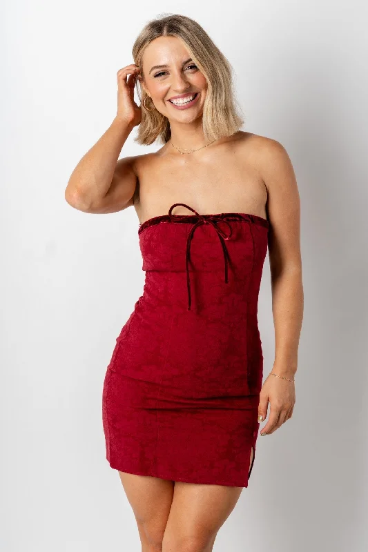 Jacquard strapless mini dress wine Trendy Tulle Mini Dress
