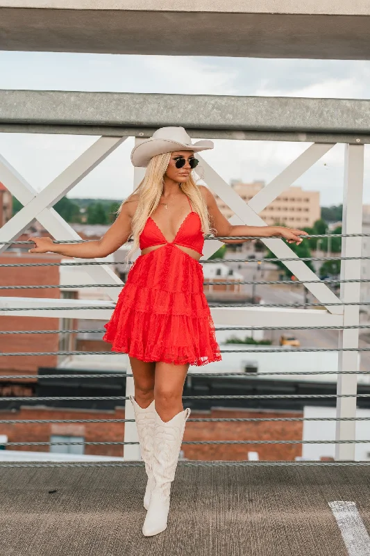 Love Me Lace Mini Dress (Red) Stylish Sweetheart Neck Mini Dress