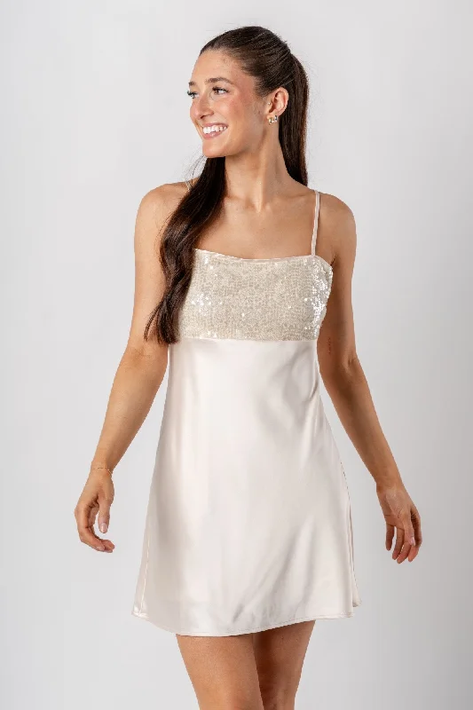 Sequin satin mini dress cream Cozy Wraparound Mini Dress