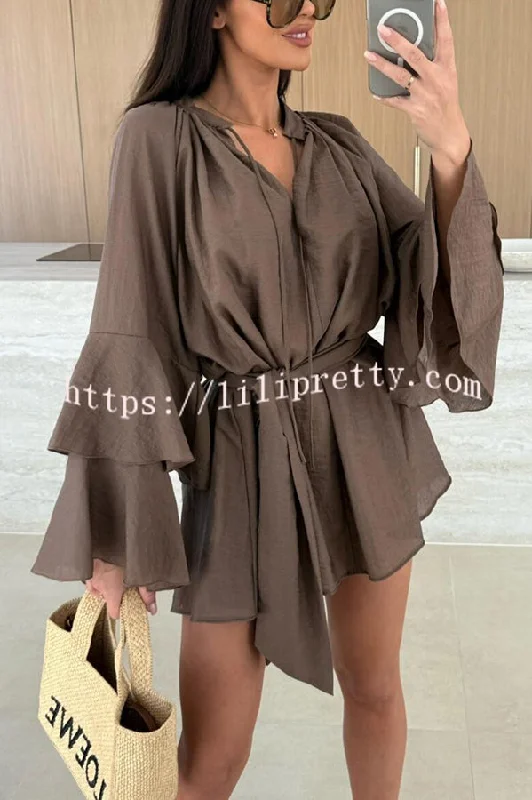 Molly Linen Blend Tiered Bell Sleeve Tie-up Cover-up Mini Dress Fashionable A-Line Mini Dress