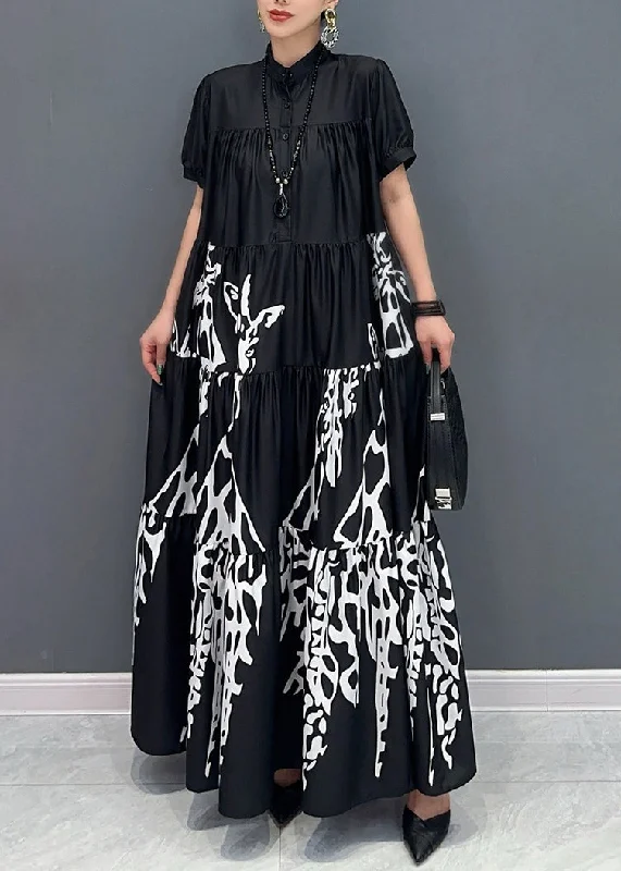 Black Stand Collar Button Maxi Dress Short Sleeve AY1050 Pencil Office Professional