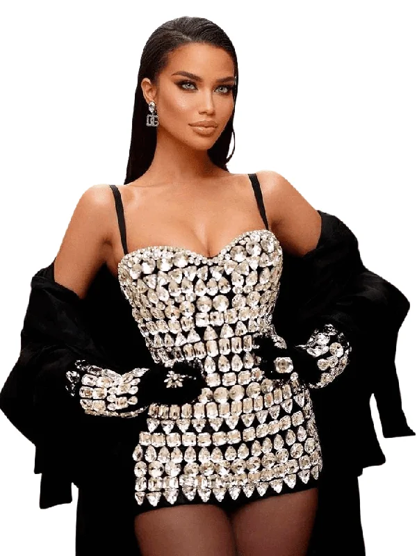 Women's Luxury Diamond Bodycon Bandage Mini Dress With Gloves Cozy Knitted Mini Dress