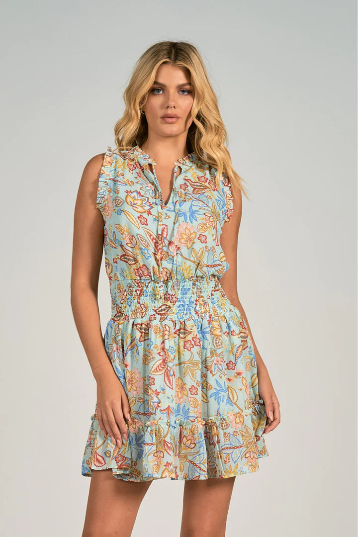 Elan Light Blue Melrose Print Mini Dress Comfortable Boho Mini Dress