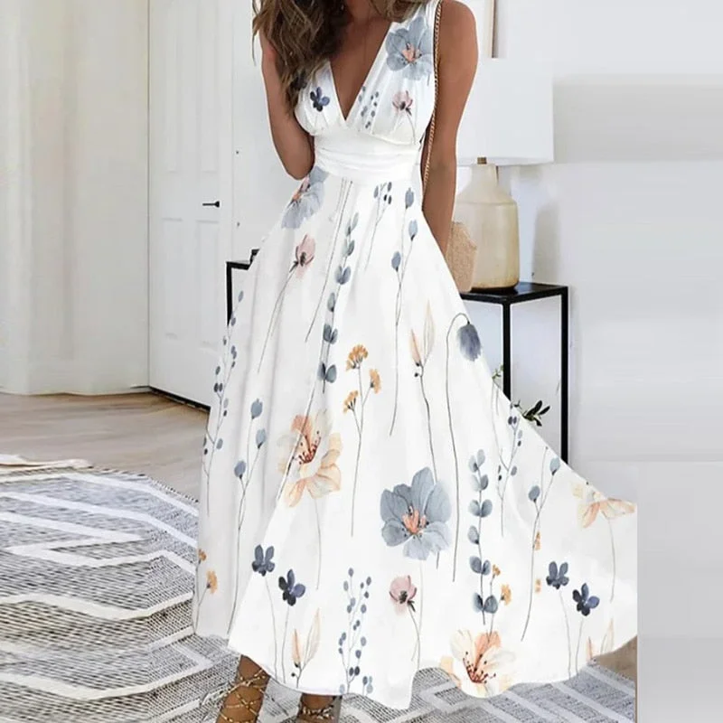 Zjkrl - Elegant Pattern Print High Waist Party Dress Summer Deep V Neck Sleeveless Long Dress Female A-Line Big Hem Slim Evening Dresses Tunics Short Trendy