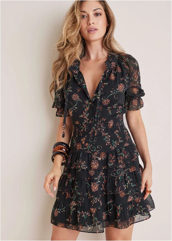 Tiered Ruffle Mini Dress - Gothic Roses Tunics Versatile all-occasion