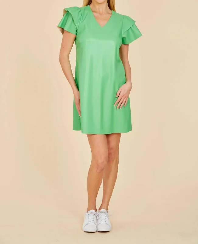Faux Leather Dress With Flutter Sleeves In Kelly Green Tunics Running lightweight
