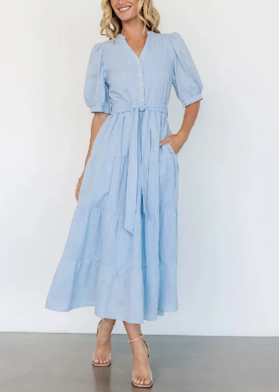 Elegant Light Blue V Neck Pockets Cotton Long Dress Summer AU1005 Tunics Party sparkling