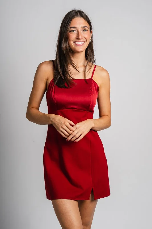 Satin bow mini dress burgundy Elegant Mini Dress with Ruffles