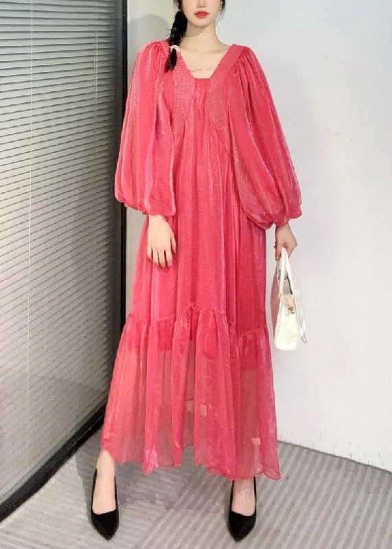 Summer New Watermelon Red V Neck Wrinkled Puff Sleeve Long Dress AO1050 Tunics Timeless classic Summer New Watermelon Red V Neck Wrinkled Puff Sleeve Long Dress AO1050 Tunics Timeless classic