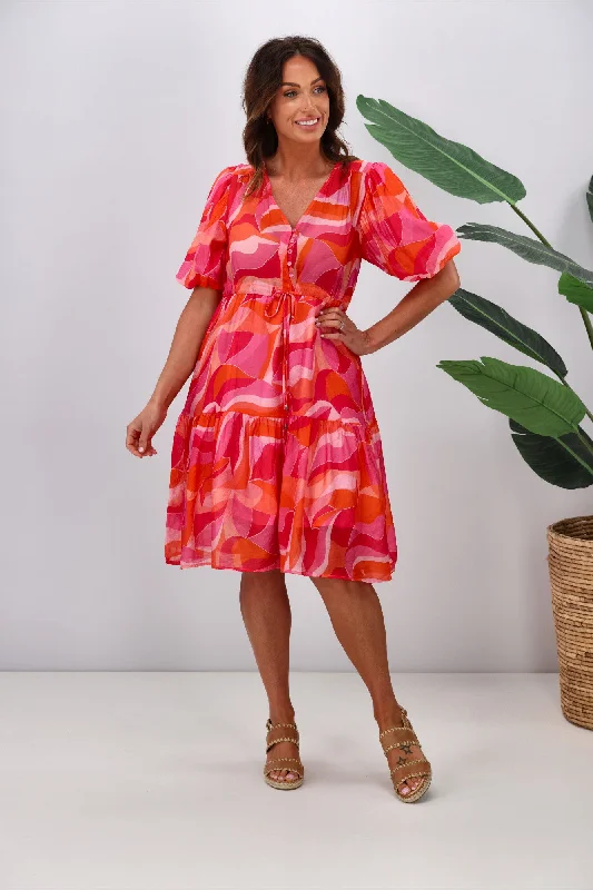 Fria Annie Balloon Sleeve Mini Dress Pink Casual High-Waist Mini Dress