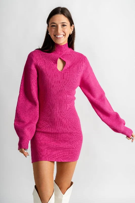High neck mini dress magenta pink Trendy A-Line Mini Dress