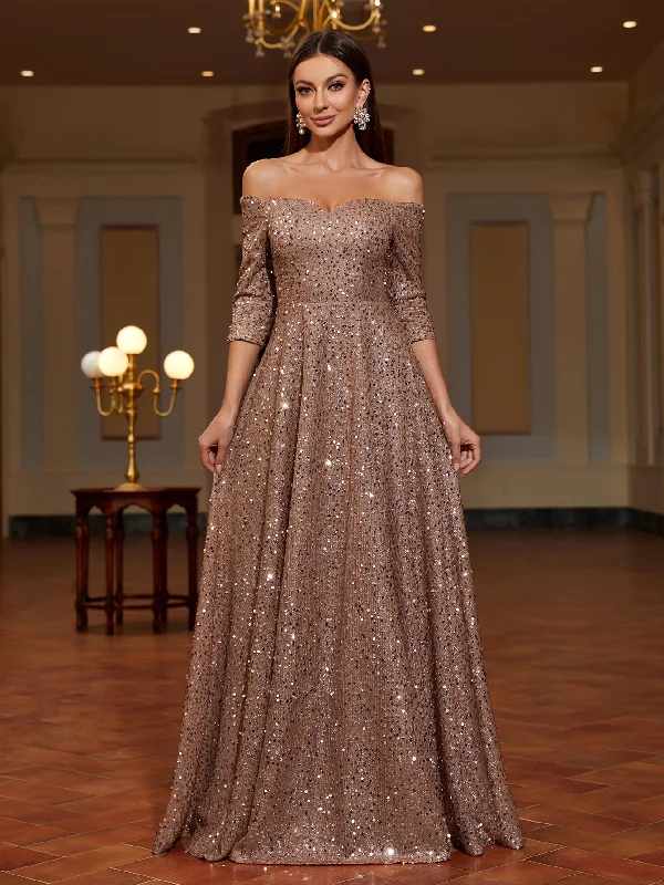 Sequined Sweetheart Neck Aline Dress, Elegant Off Shoulder Ruffle Hem Maxi Dress For Party & Banquet, Women's Clothing empire Waist empire