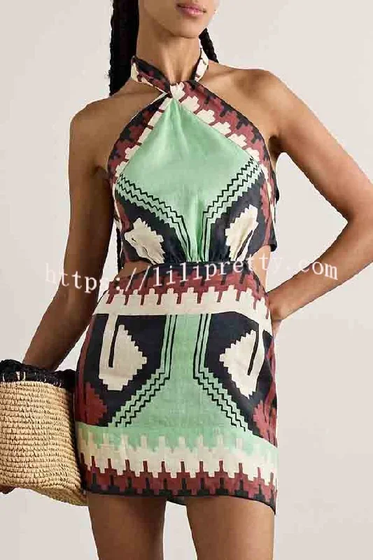 Unique Print Sexy Halter Backless Holiday Mini Dress Comfortable Zip-Up Mini Dress