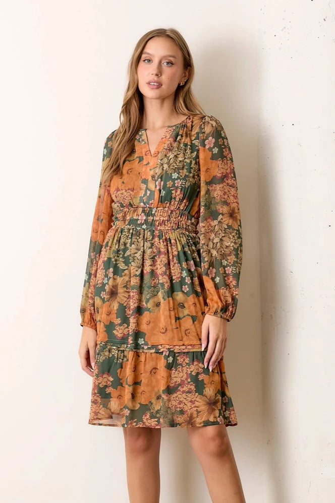 Green and Orange Floral Mini Dress Classic Floral Mini Dress