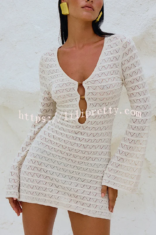 Solid Long Sleeve V Neck Beach Cover Up Mini Dress Cozy Long Sleeve Mini Dress