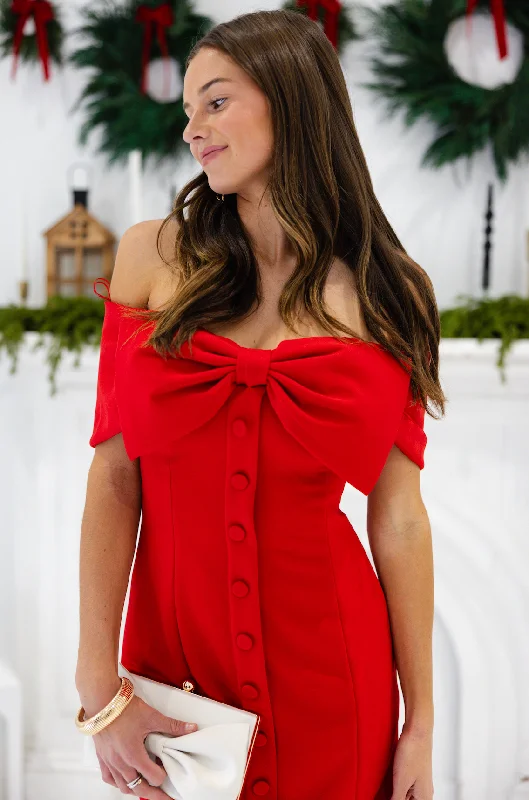 Bow Front Mini Dress Red Comfortable Ruffle Mini Dress