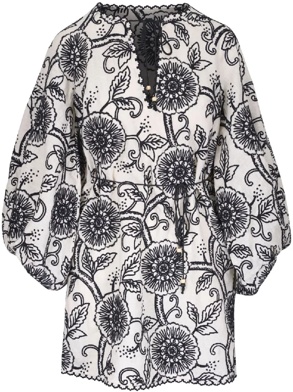 Tallow Embroidered Mini Dress in Ivory/Black Trendy Crossover Mini Dress
